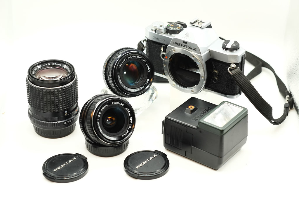 ** EXCELLENT ** PENTAX MX + PENTAX 50mm 1.7 + 28mm 3.5 + 135mm * NEW LIGHT SEALS