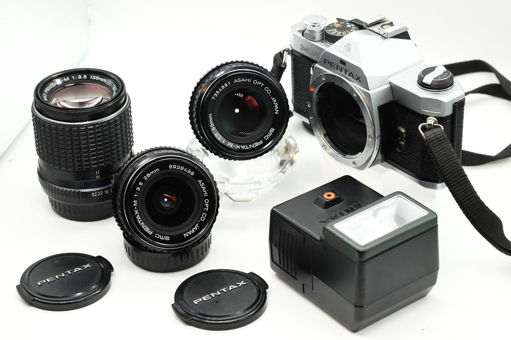 ** EXCELLENT ** PENTAX MX + PENTAX 50mm 1.7 + 28mm 3.5 + 135mm * NEW LIGHT SEALS
