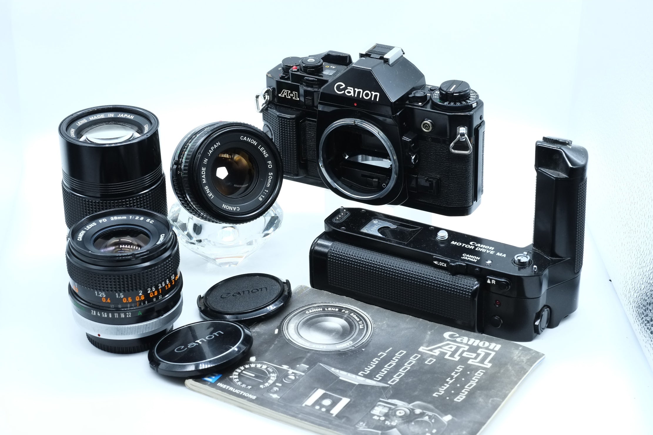 * VGC * Canon A-1 + Canon FD 50mm 1.8 + Canon 28mm  Canon 135mm & Motor Drive MA* NEW LIGHT SEALS