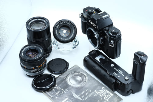 * VGC * Canon A-1 + Canon FD 50mm 1.8 + Canon 28mm  Canon 135mm & Motor Drive MA* NEW LIGHT SEALS